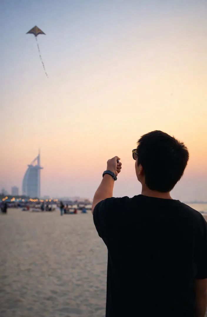 Flying a kite on a beach with the Burj Al Arab in the distance.